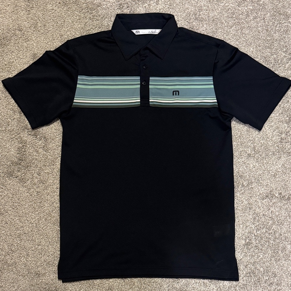 Travis Mathew Black Polo with Green Stripes